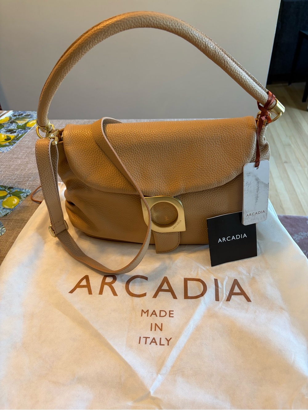 Arcadia Tan Pebbled Leather Shoulder Bag with Gold Ring